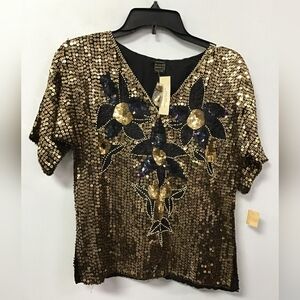 Anujan Creation Silk Gold and Black Sequined Top Medium